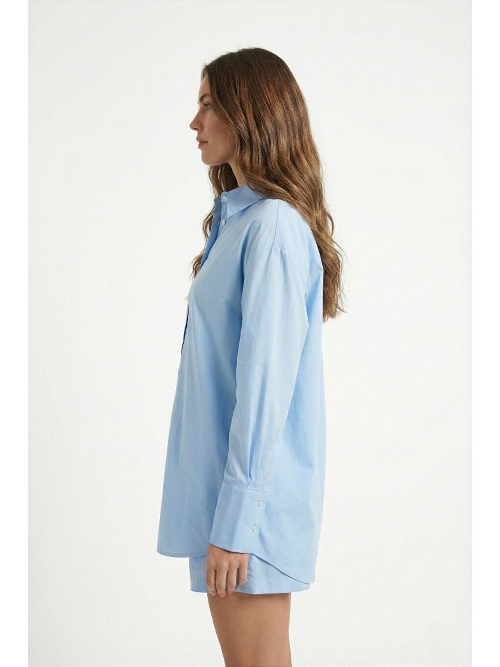 Mavi %100 Doğal Pamuk Oversize Tek Beden Poplin Gömlek-3
