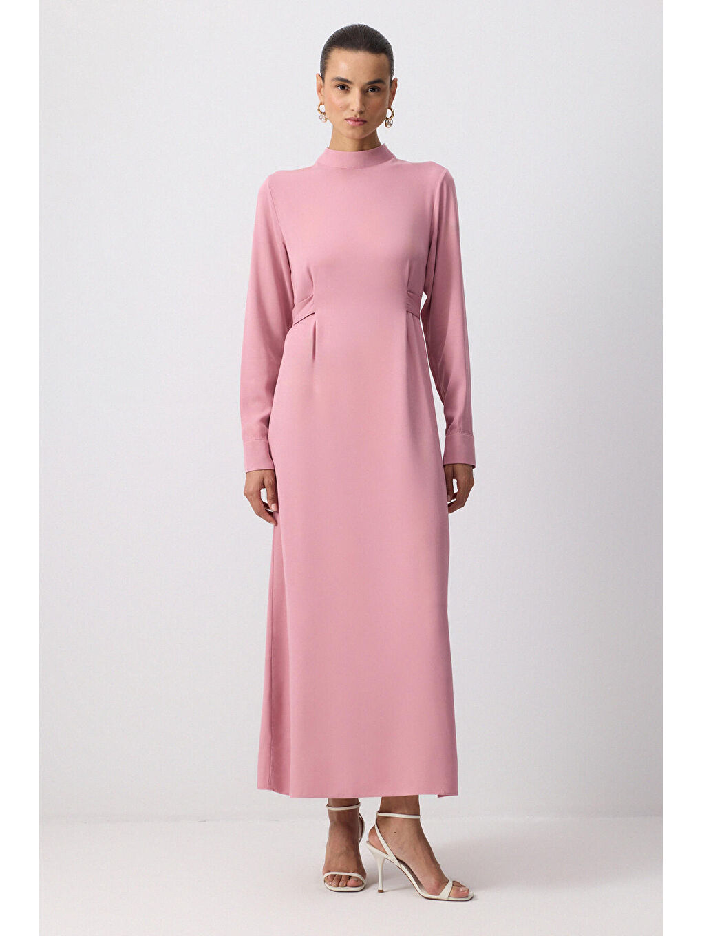 Pembe Belden Bağlamalı Viskon Elbise