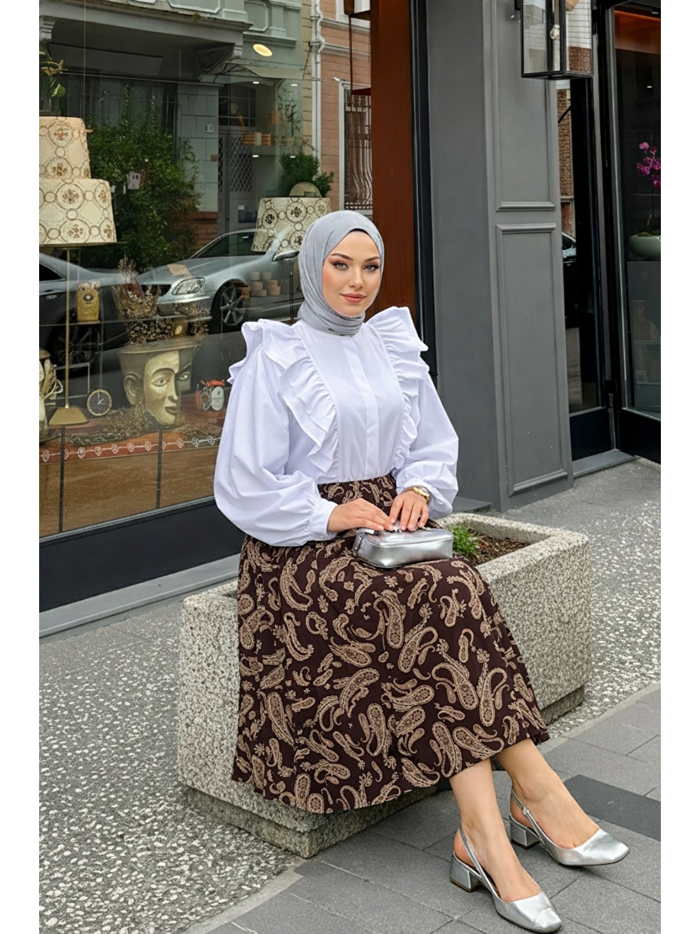 Kahverengi Kadın Desenli Trend Kahve Uzun Tül Tesettür Etek-1