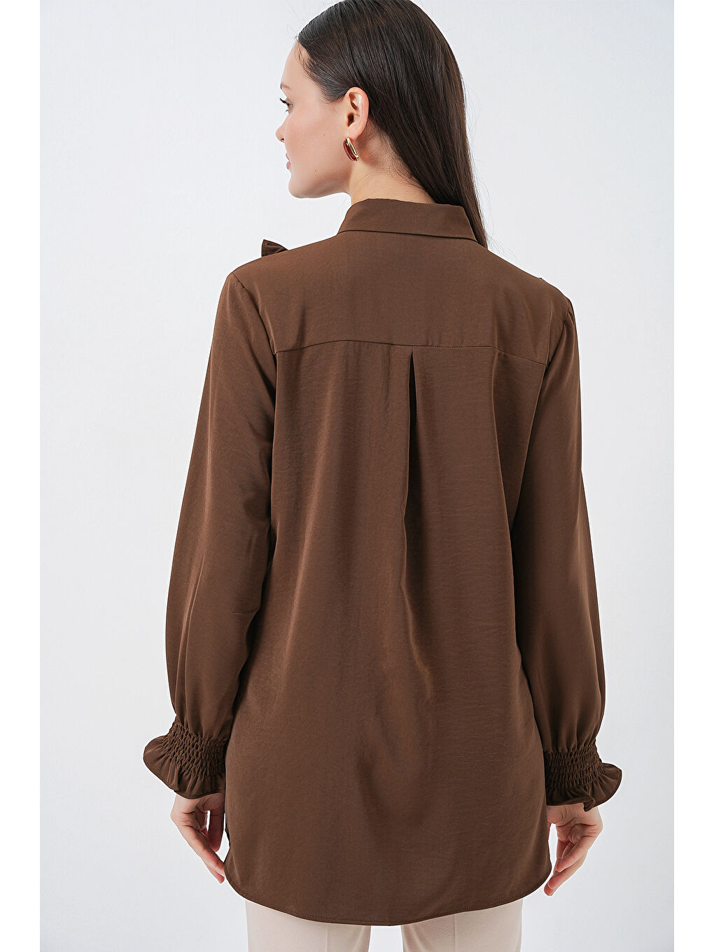 Kadın Fırfırlı Uzun Gömlek Tunik 5986 - Kahverengi-5