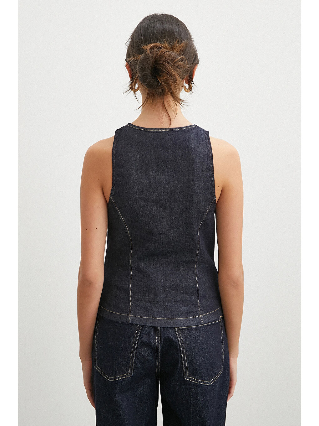 Fermuarlı Jean Yelek Lacivert-5