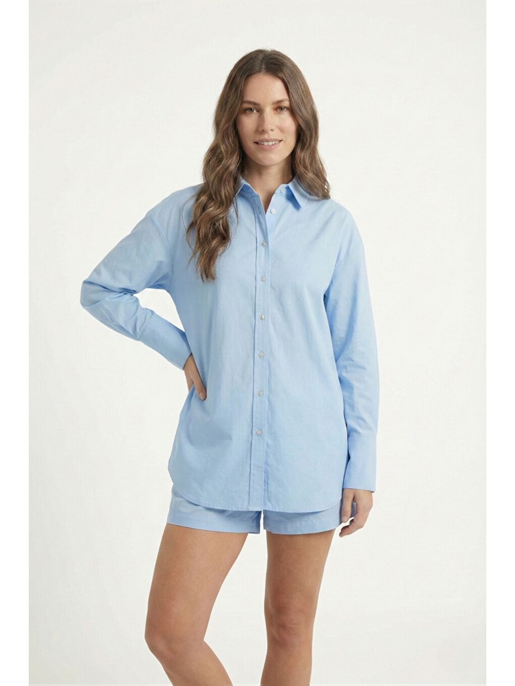 Mavi %100 Doğal Pamuk Oversize Tek Beden Poplin Gömlek-4