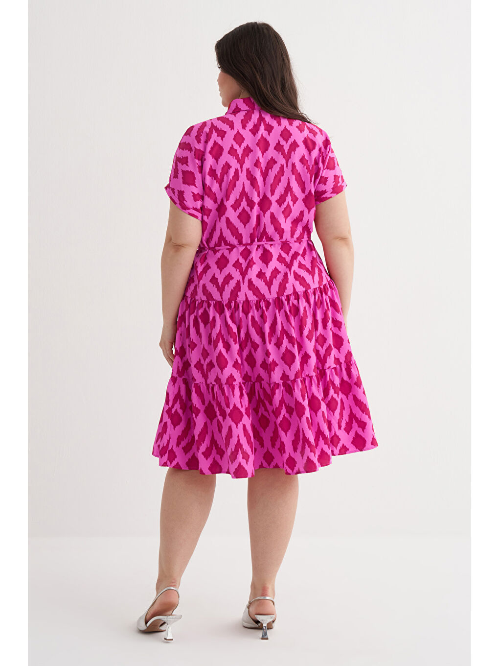 Pembe Beli Kuşaklı Desenli Gömlek Elbise-3