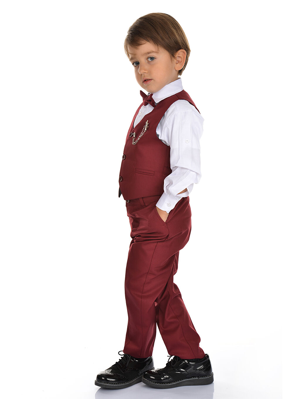 Bordo Yelekli Smokin Erkek Çocuk Takım MNK0273-4