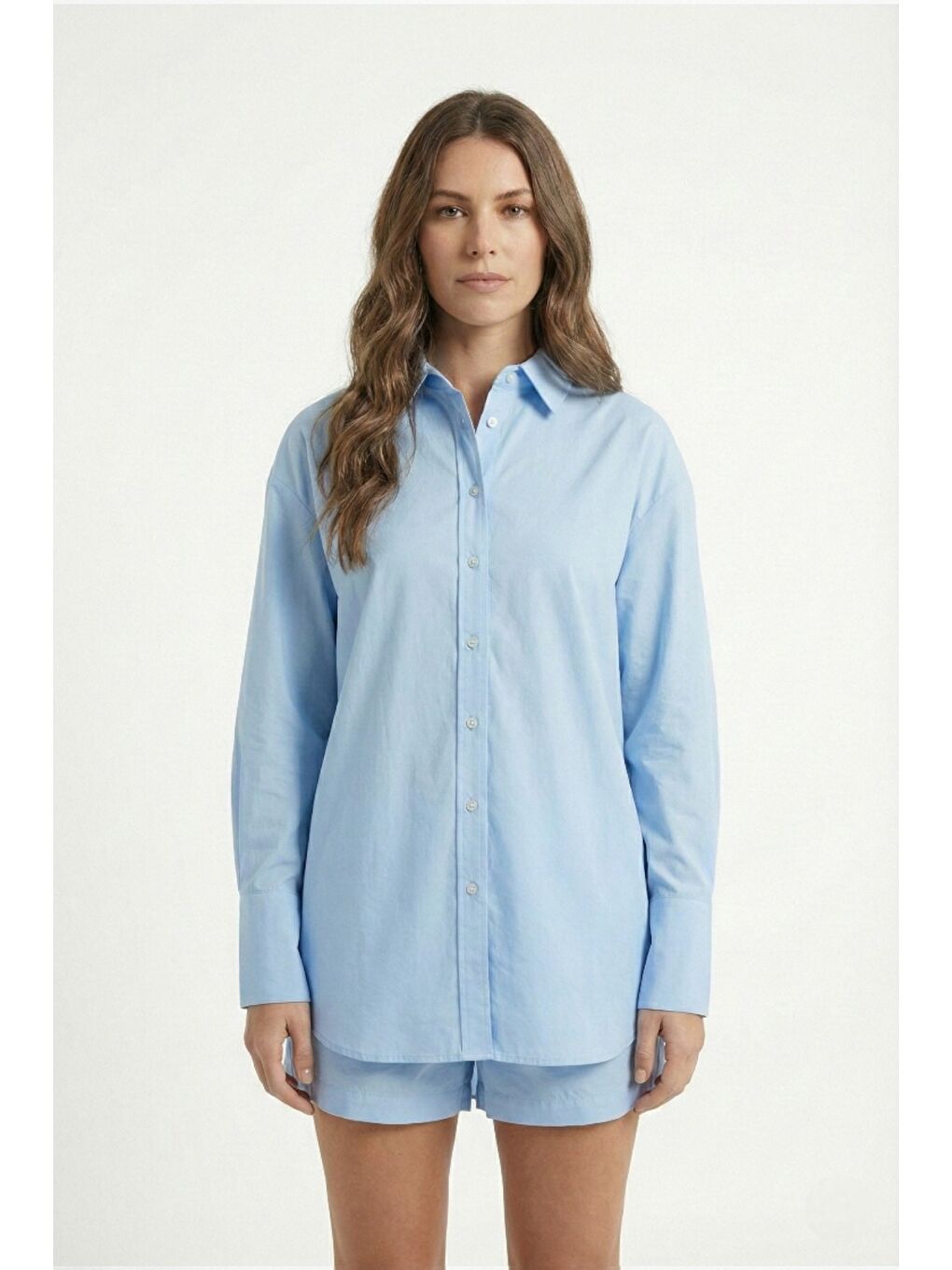 Mavi %100 Doğal Pamuk Oversize Tek Beden Poplin Gömlek-5