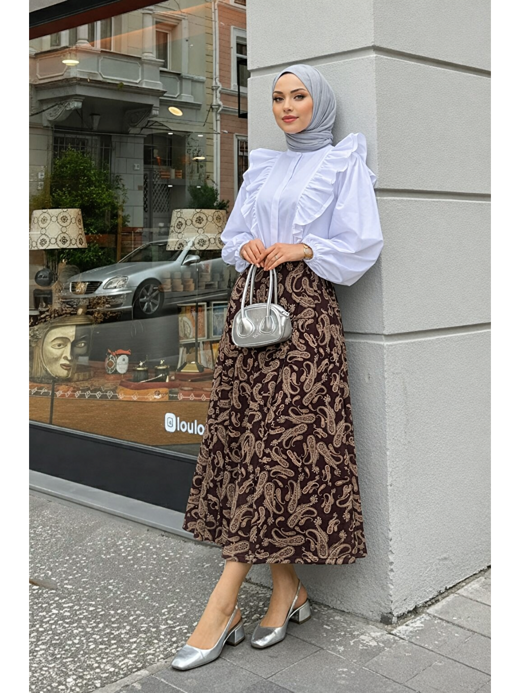 Kahverengi Kadın Desenli Trend Kahve Uzun Tül Tesettür Etek-2