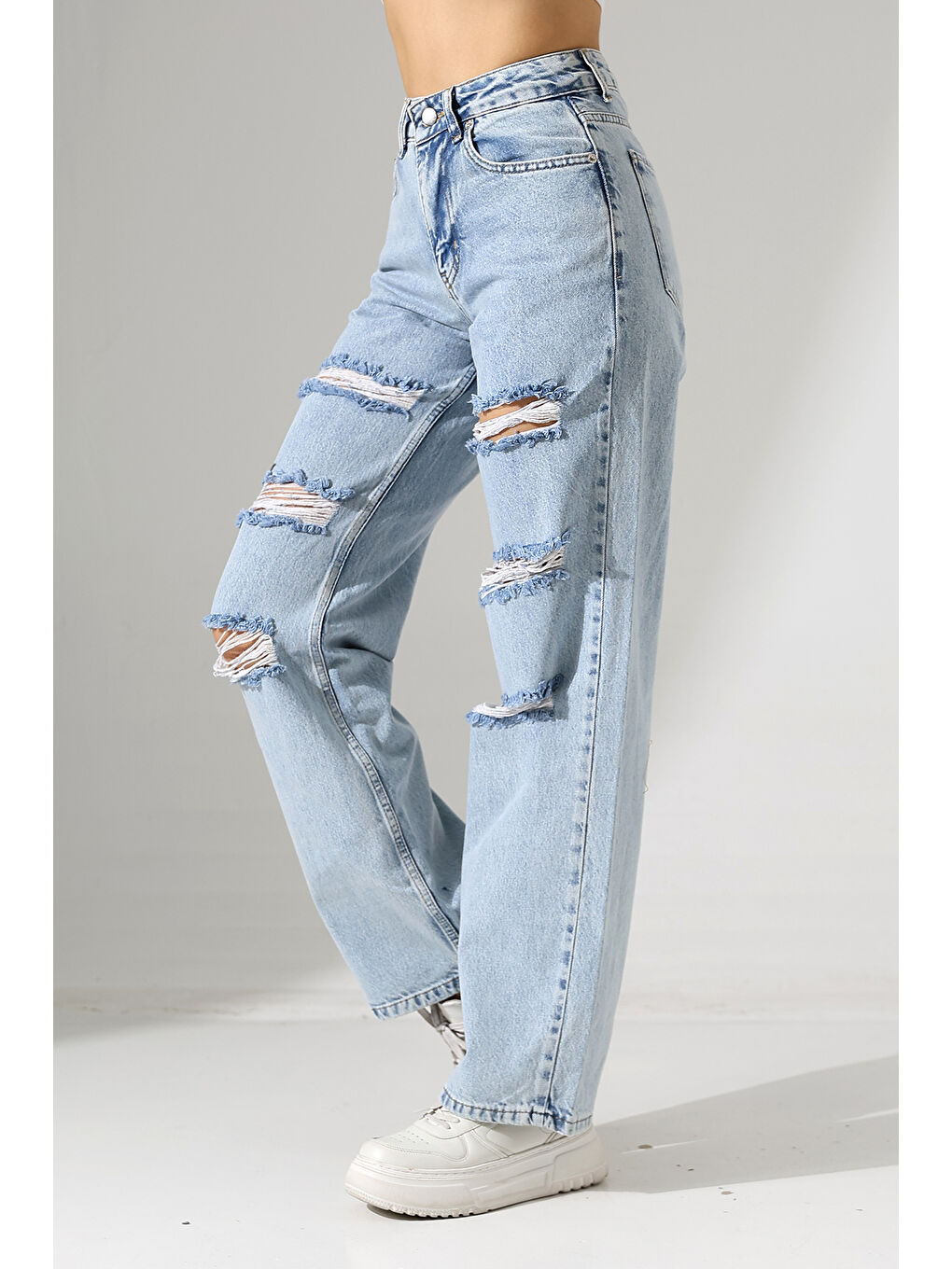 Mavi Yüksek Bel Yırtık Detaylı Mom Jean-2