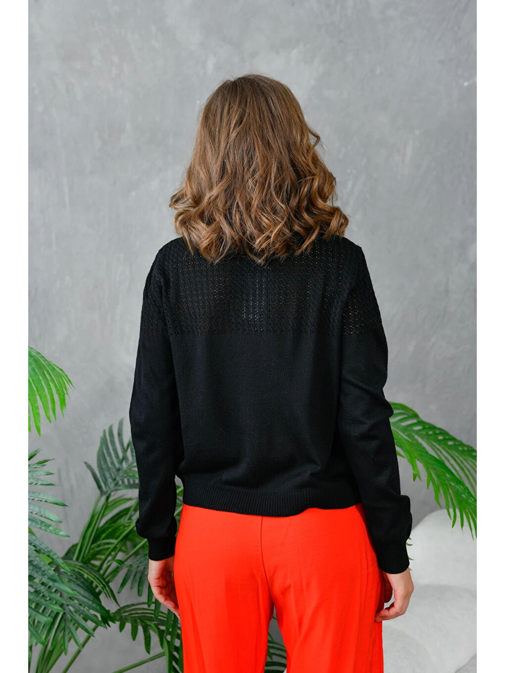 Siyah Kadın Bisiklet Yaka Ajurlu Triko Kazak-3