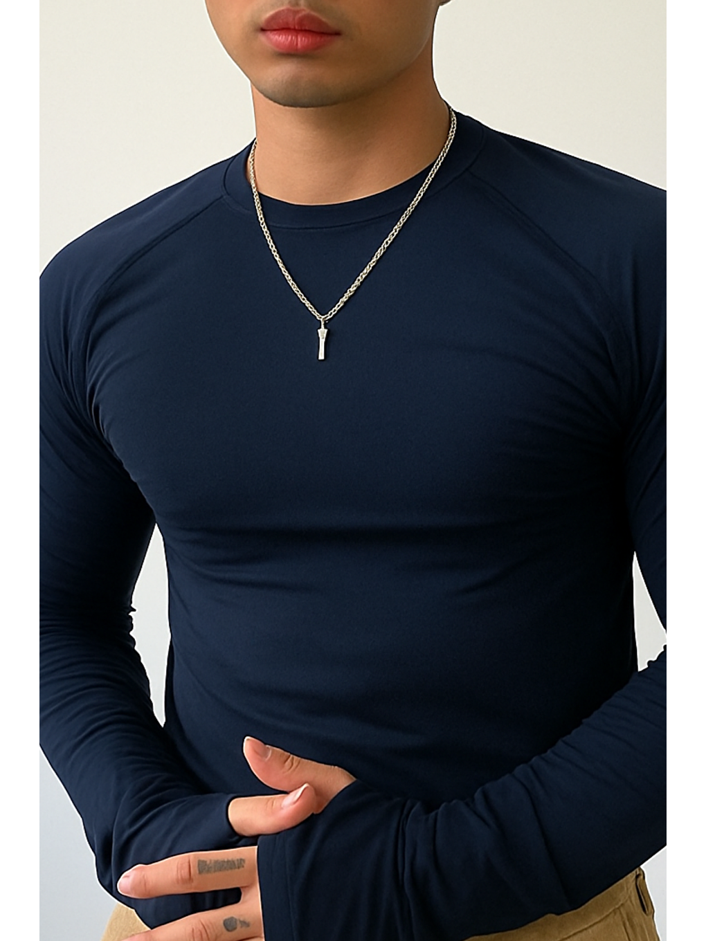 Erkek Lacivert Uzun Kollu Basic T-shirt-1