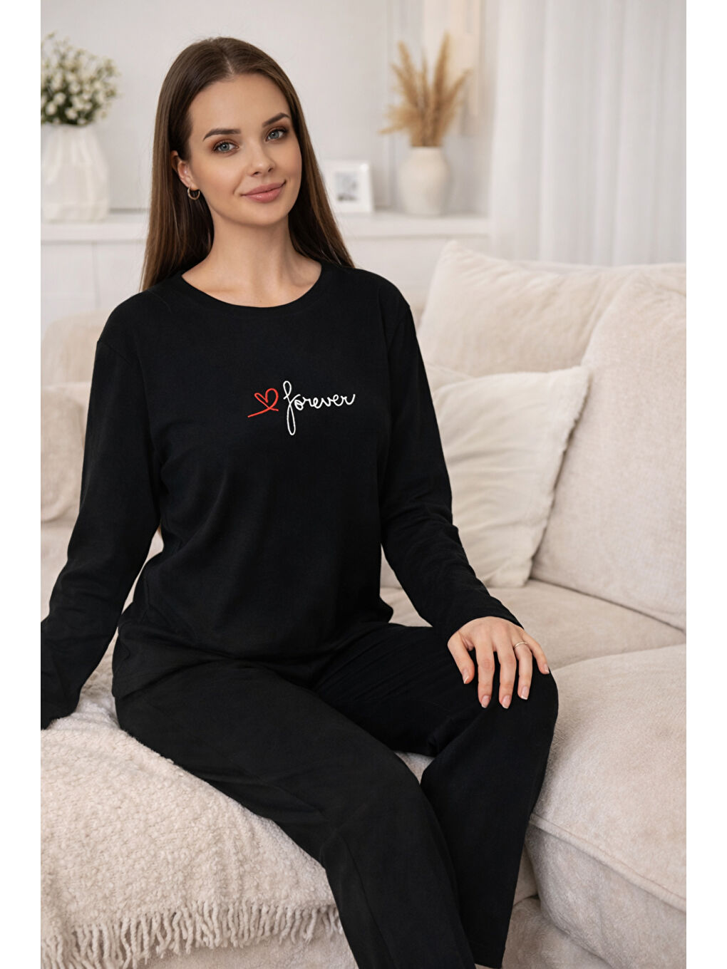 Kadın Yazı Detay Suprem Pijama Takımı 0565 Siyah03-1