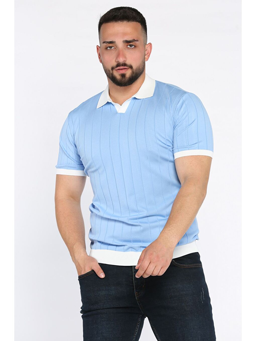 Mavi Erkek Polo Yaka Kendinden Çizgi Desenli Renk Garnili Triko Tişört