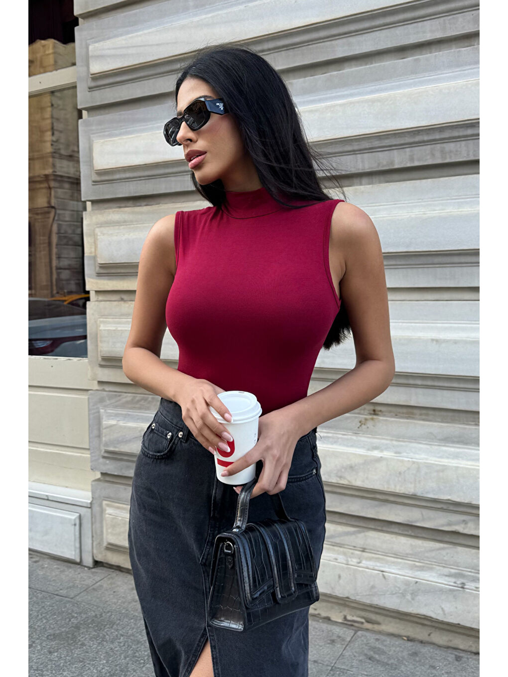 Kadın Bordo Kolsuz Bluz