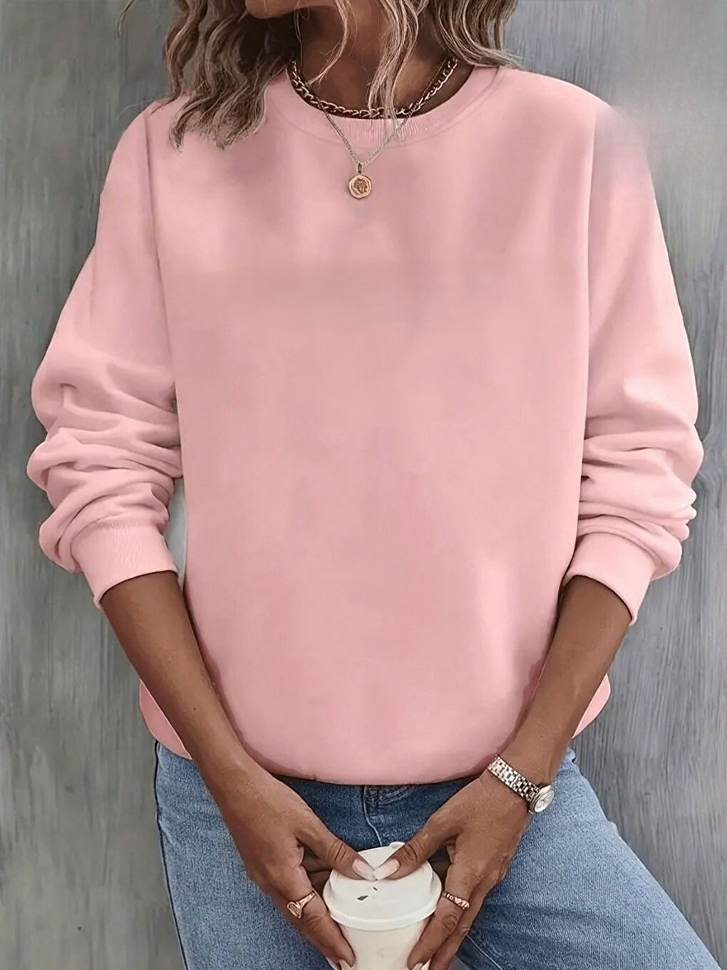 Siyah Pembe Düz Bisiklet Yaka Oversize Kalıp Sweatshirt