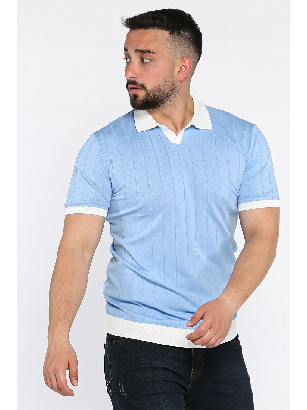 Mavi Erkek Polo Yaka Kendinden Çizgi Desenli Renk Garnili Triko Tişört-1
