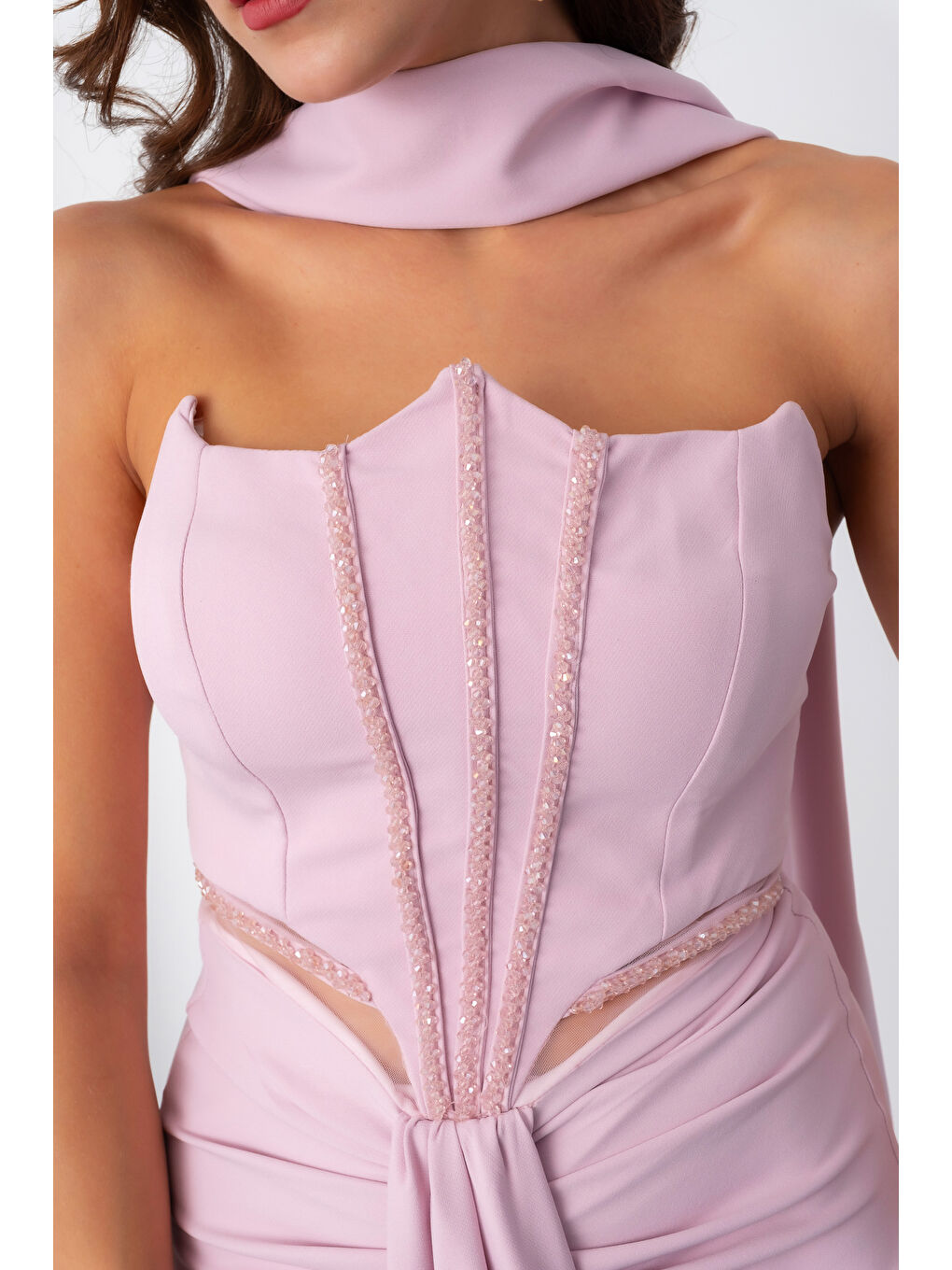 Pembe Kadın Pudra Taş İşlemeli Straplez Uzun Abiye Elbise-4