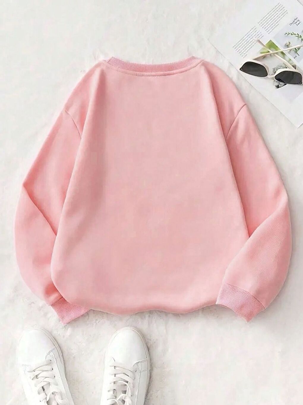 Siyah Pembe Düz Bisiklet Yaka Oversize Kalıp Sweatshirt-1