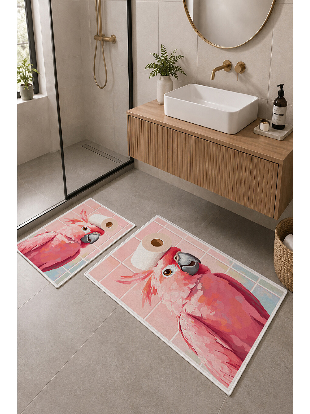Pudra Pembe Flamingo Desenli Kaymaz Taban Banyo Paspası 2’li Set-1