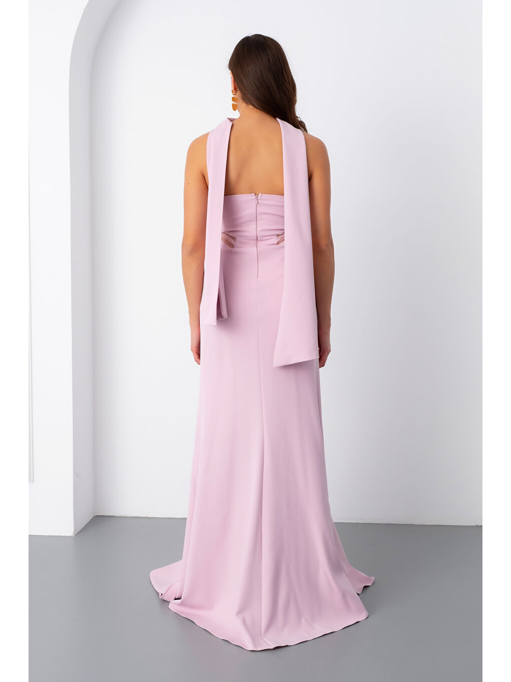 Pembe Kadın Pudra Taş İşlemeli Straplez Uzun Abiye Elbise-5