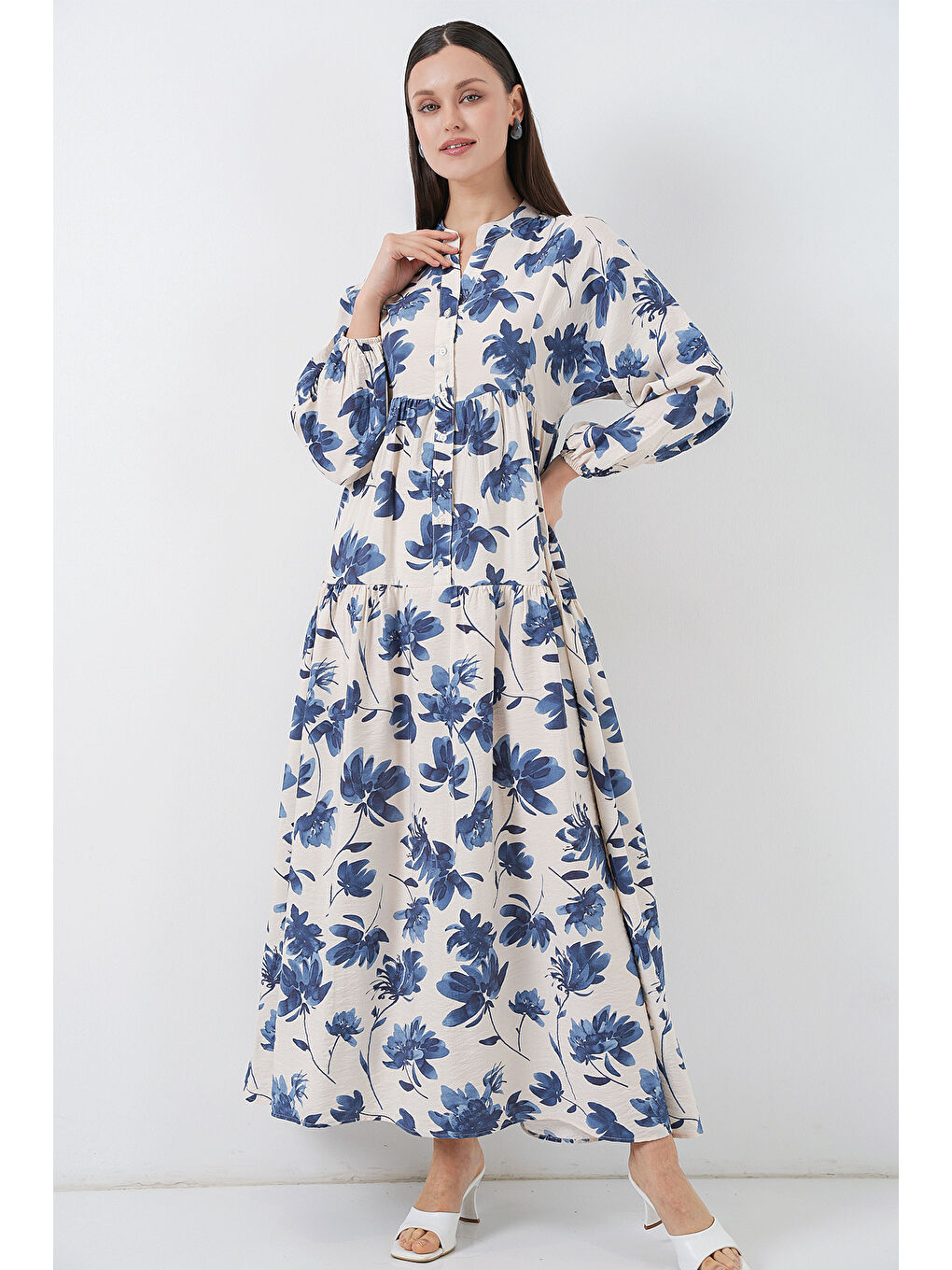 Kadın Lilyum Kumaş Uzun Tesettür Elbise 2593 - İndigo-2