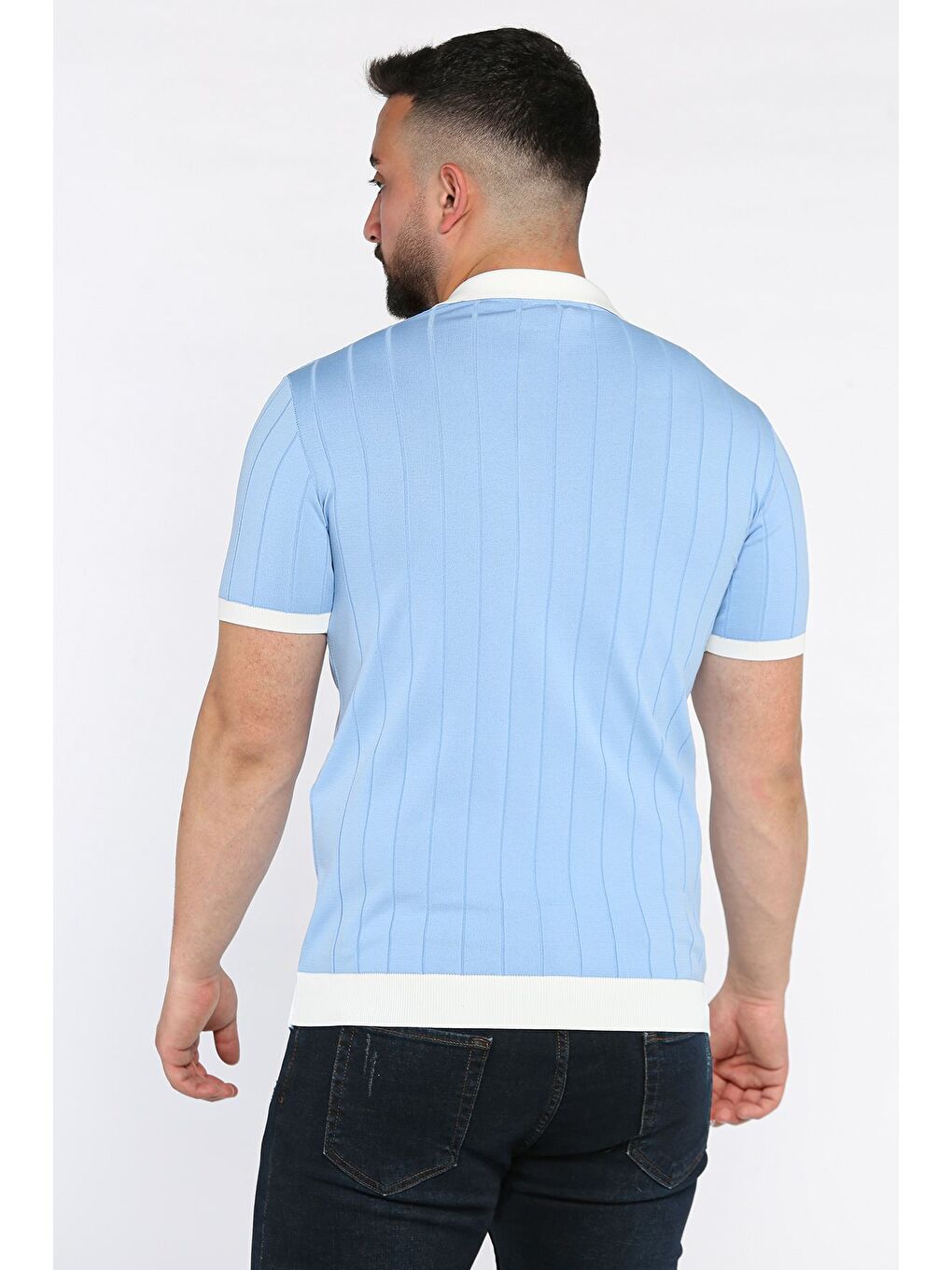 Mavi Erkek Polo Yaka Kendinden Çizgi Desenli Renk Garnili Triko Tişört-2
