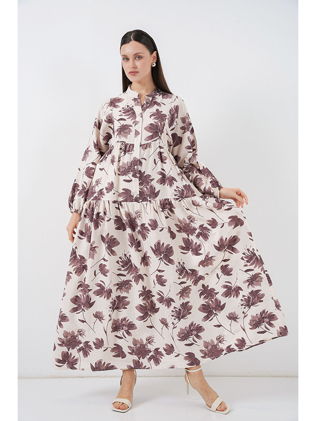 Kadın Lilyum Kumaş Uzun Tesettür Elbise 2593 - Kahverengi-1