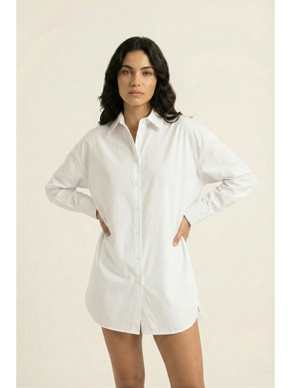 Beyaz %100 Doğal Pamuk Oversize Tek Beden Poplin Gömlek-1