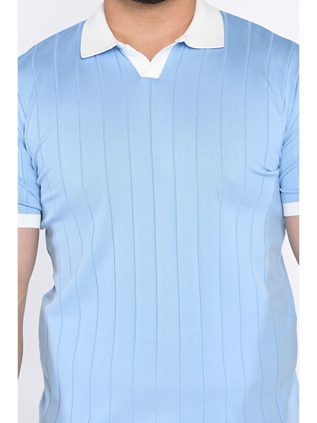 Mavi Erkek Polo Yaka Kendinden Çizgi Desenli Renk Garnili Triko Tişört-3