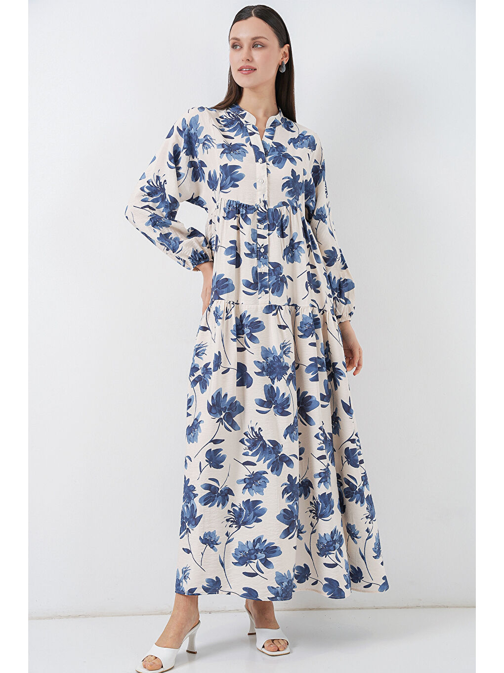 Kadın Lilyum Kumaş Uzun Tesettür Elbise 2593 - İndigo-3