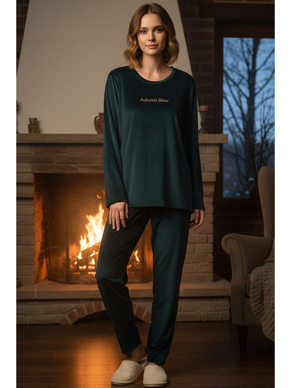 Petrol Kadın Kadife Kumaş Pijama Takımı 13165-2954 Petro01-1