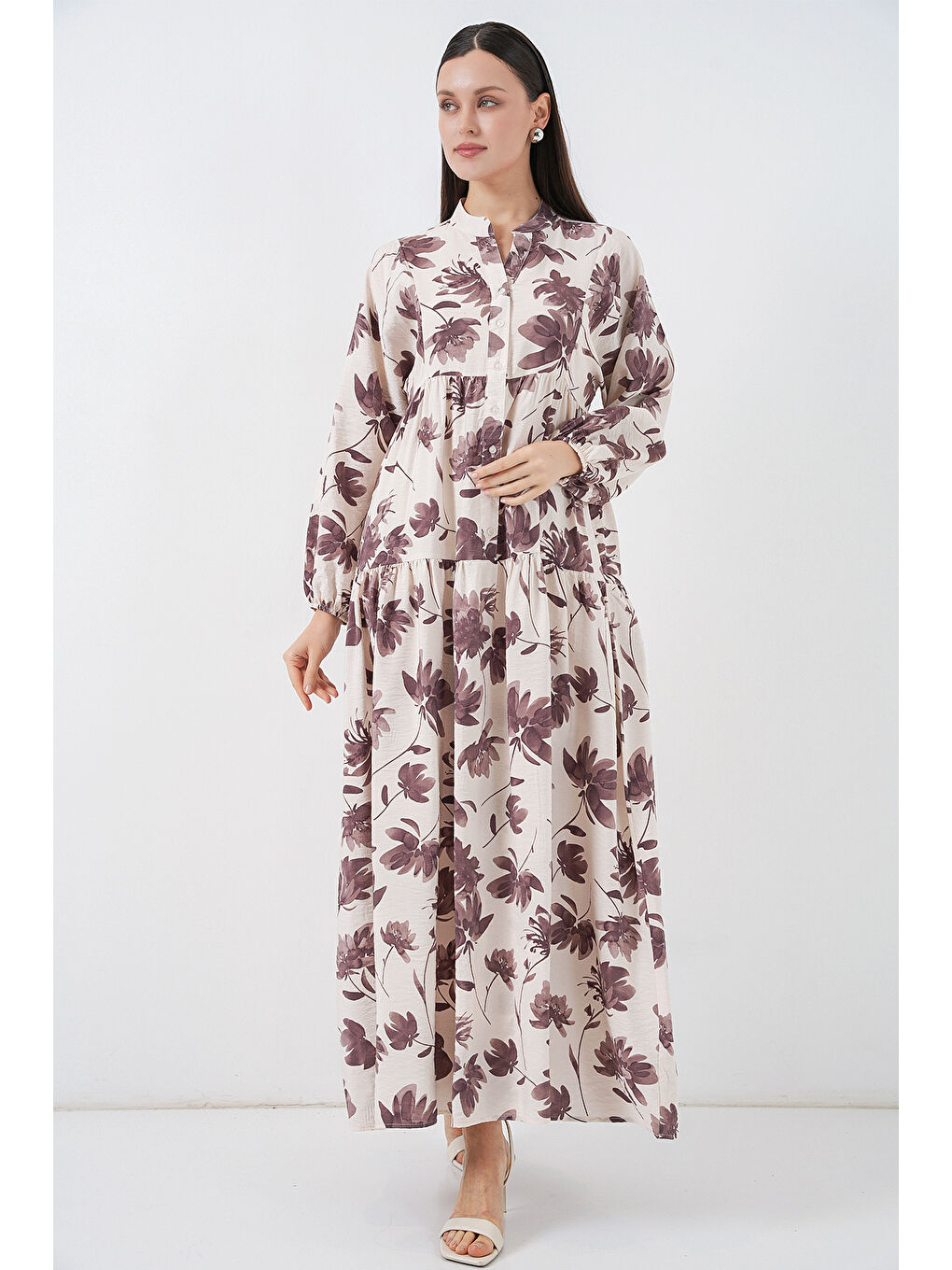 Kadın Lilyum Kumaş Uzun Tesettür Elbise 2593 - Kahverengi-2