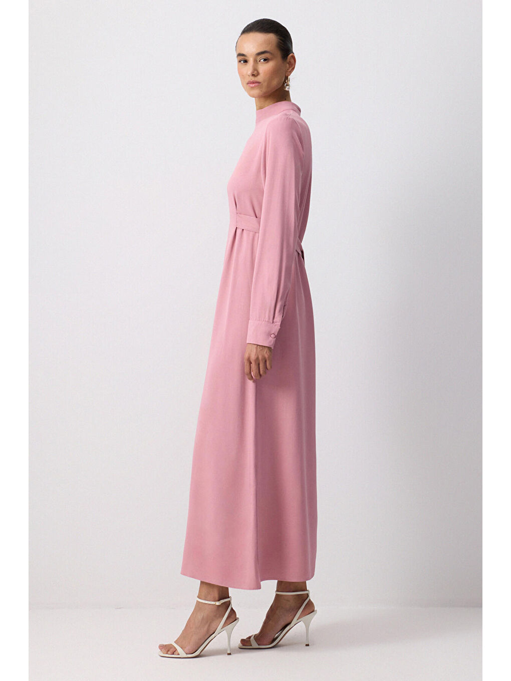 Pembe Belden Bağlamalı Viskon Elbise-1