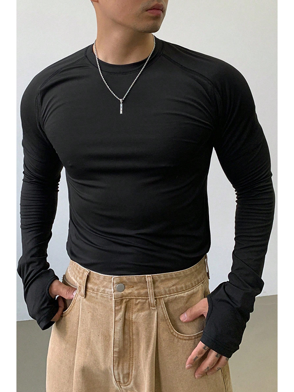 Erkek Siyah Uzun Kollu Basic T-shirt-1