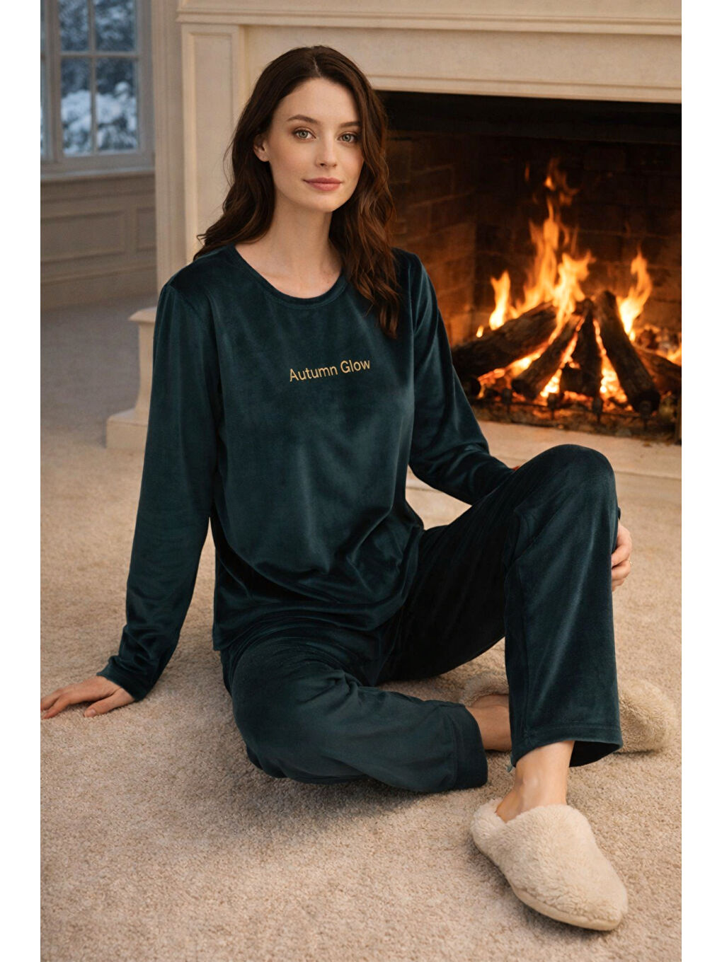 Petrol Kadın Kadife Kumaş Pijama Takımı 13165-2954 Petro01-2