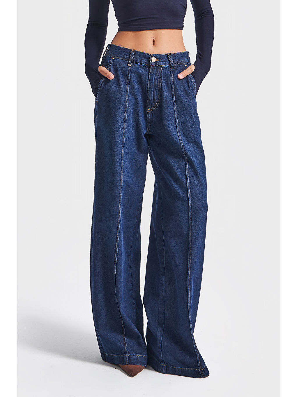 Kadın İndigo Renk 2w5-7 Süper Palazzo Fit Dökümlü Kumaş Denim Jean