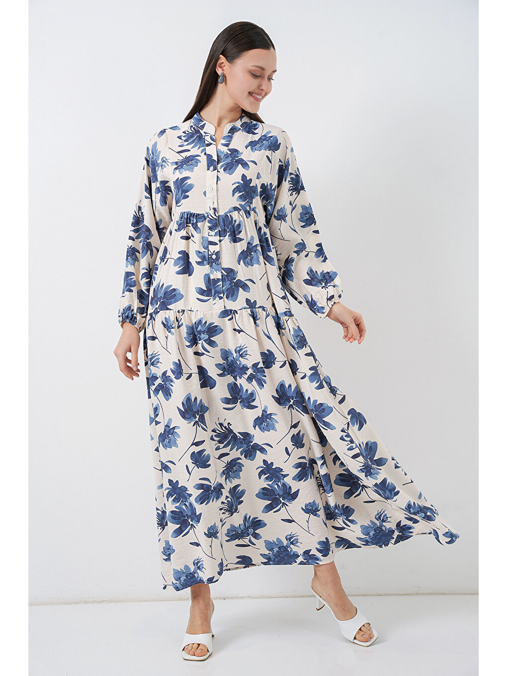 Kadın Lilyum Kumaş Uzun Tesettür Elbise 2593 - İndigo-4