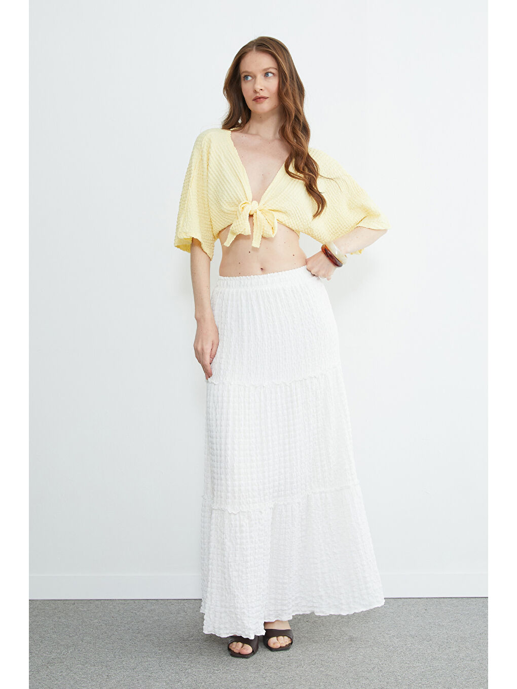 Beyaz Beli Lastikli Bürümcük Kumaş Etek-1