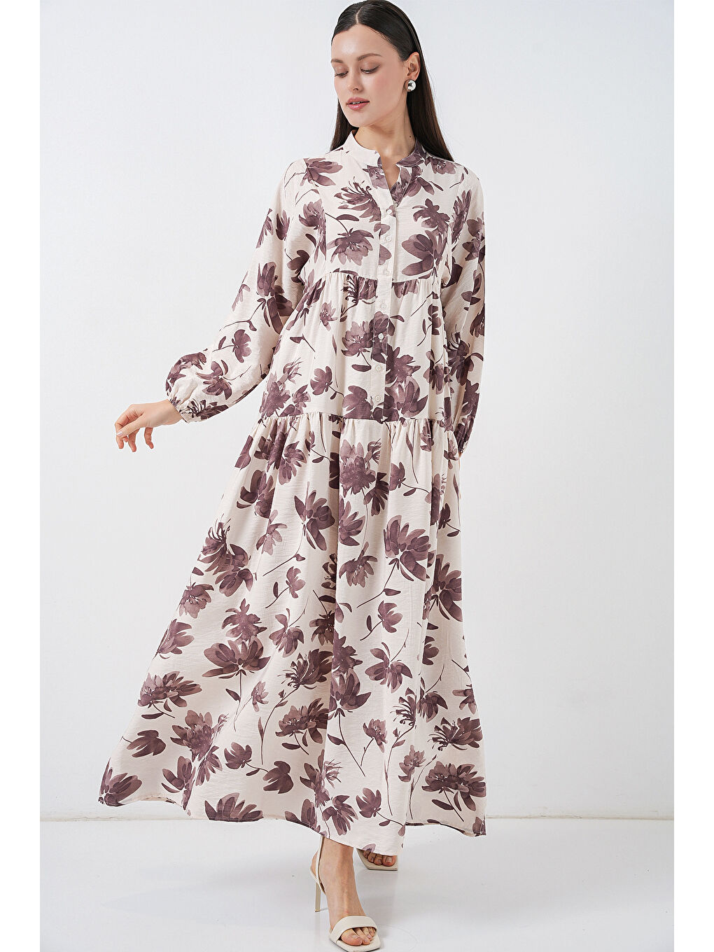 Kadın Lilyum Kumaş Uzun Tesettür Elbise 2593 - Kahverengi-3