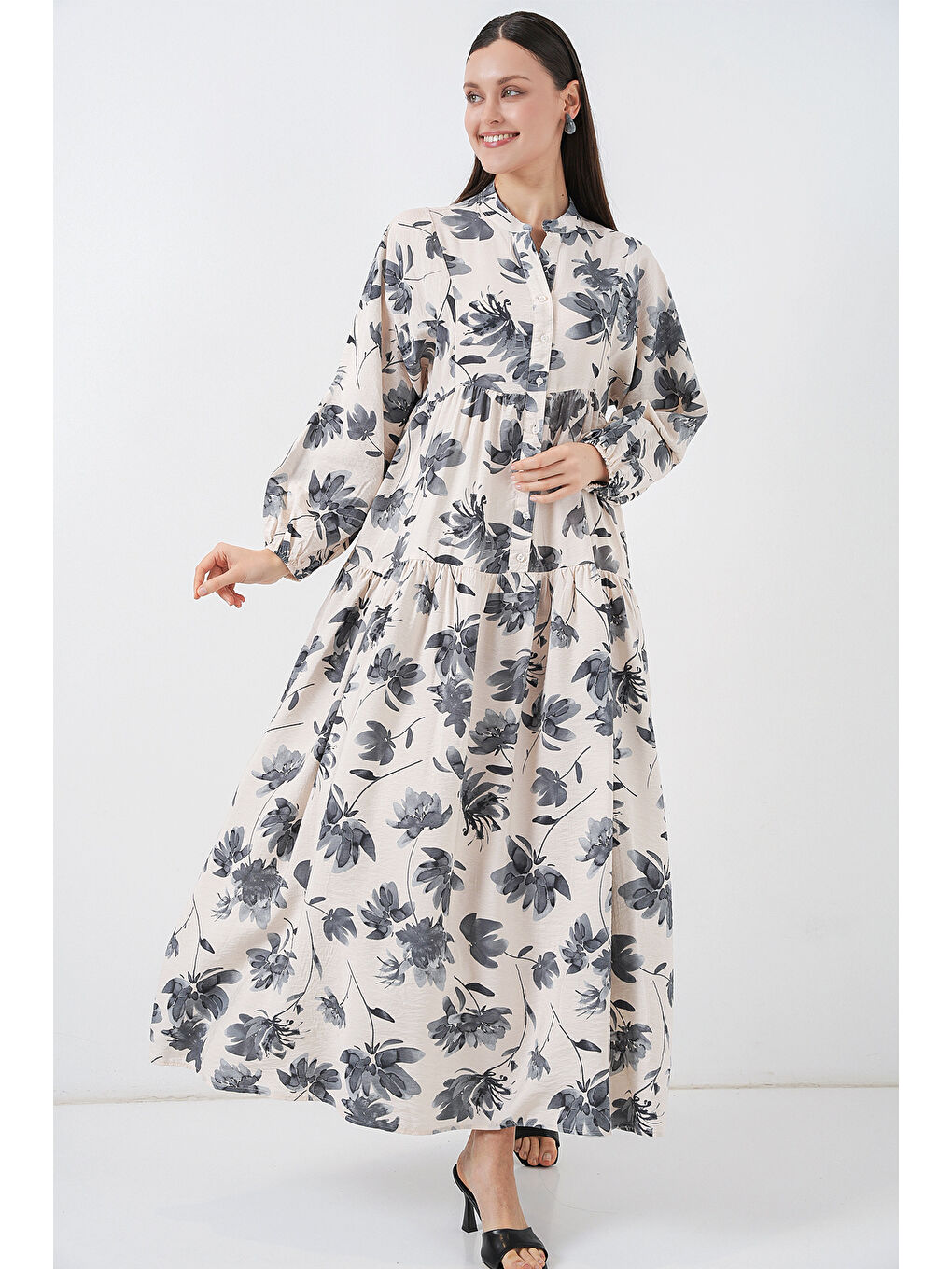 Kadın Lilyum Kumaş Uzun Tesettür Elbise 2593 - Gri