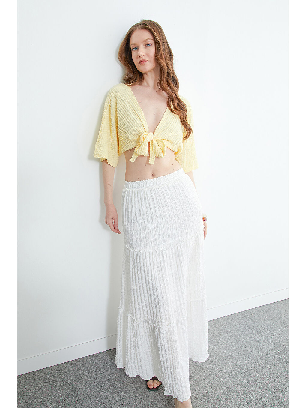 Beyaz Beli Lastikli Bürümcük Kumaş Etek-3