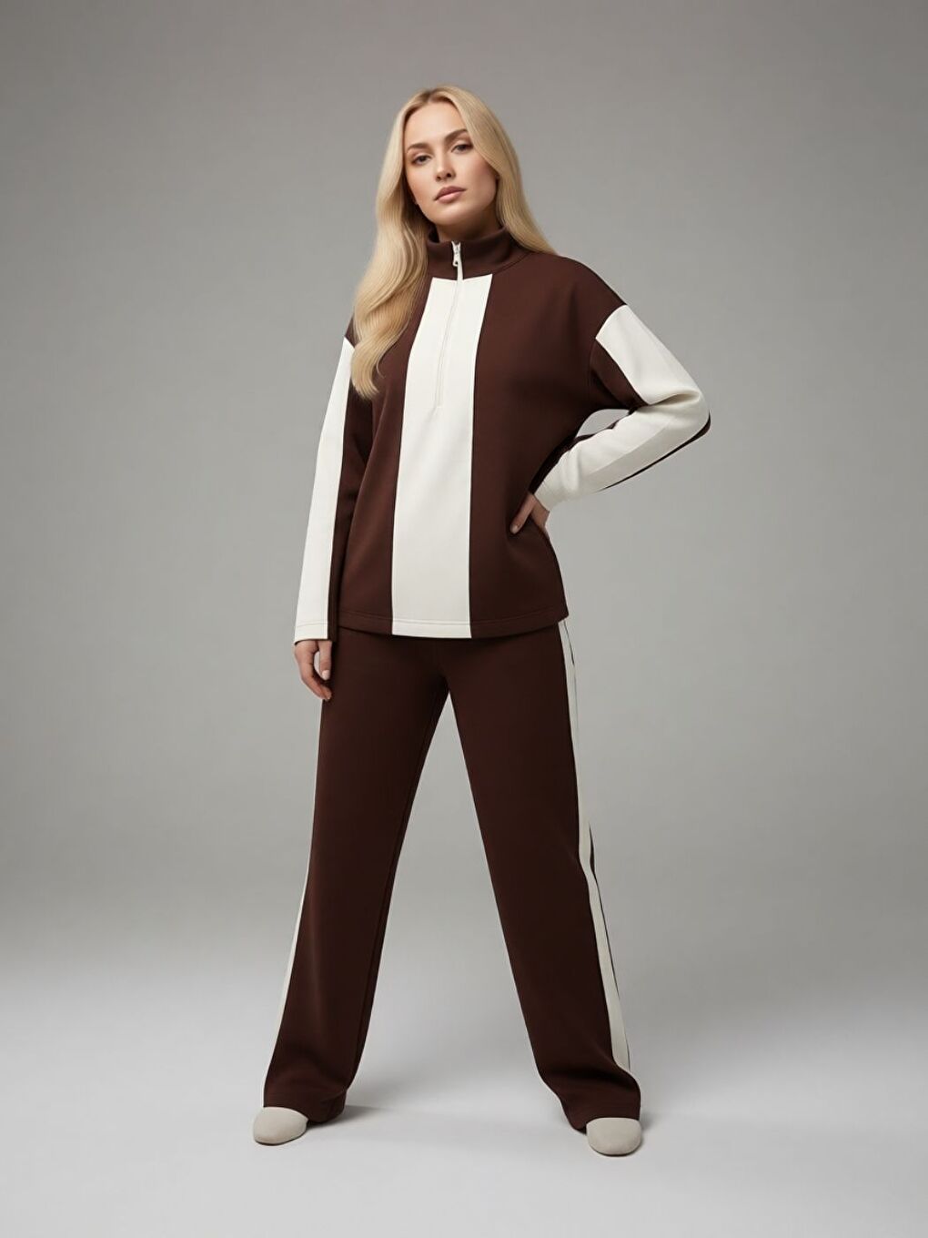 Kadın Kahverengi Yarım Fermuarlı Premium Kumaş Eşofman Takımı