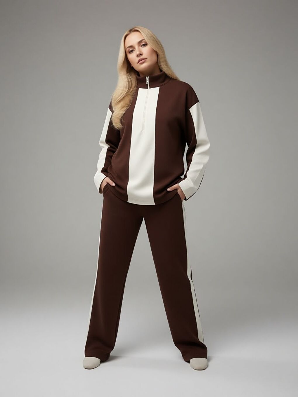 Kadın Kahverengi Yarım Fermuarlı Premium Kumaş Eşofman Takımı-1