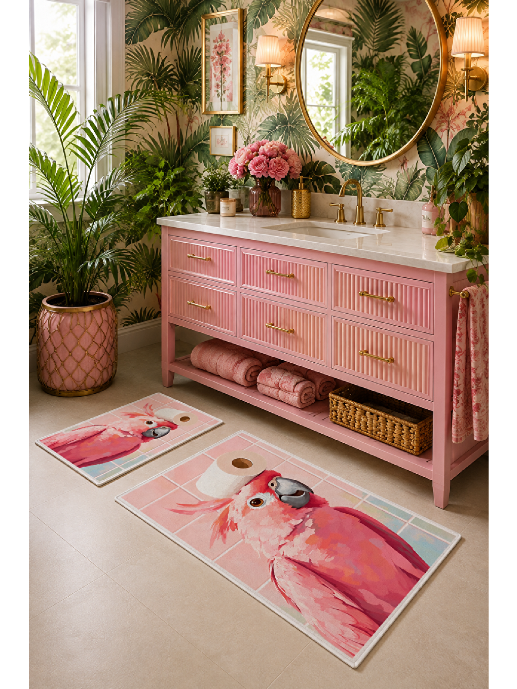 Pudra Pembe Flamingo Desenli Kaymaz Taban Banyo Paspası 2’li Set-2