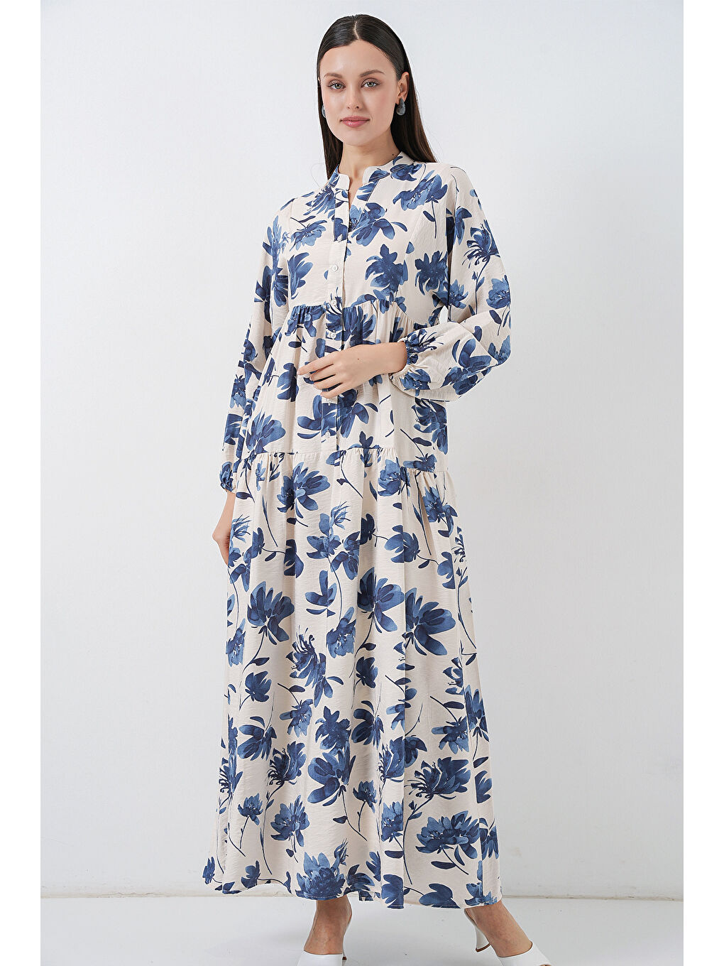 Kadın Lilyum Kumaş Uzun Tesettür Elbise 2593 - İndigo-5