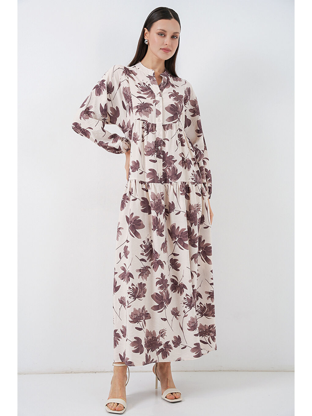 Kadın Lilyum Kumaş Uzun Tesettür Elbise 2593 - Kahverengi-4