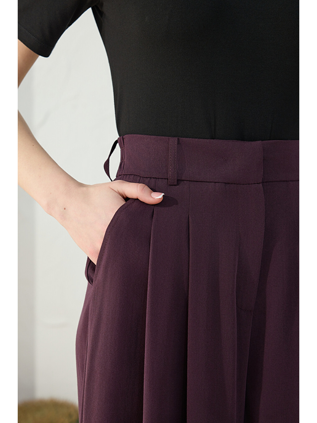 Mürdüm Kemerli Pileli Pantolon Etek-5