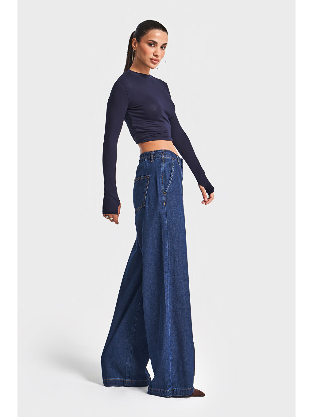 Kadın İndigo Renk 2w5-7 Süper Palazzo Fit Dökümlü Kumaş Denim Jean-1