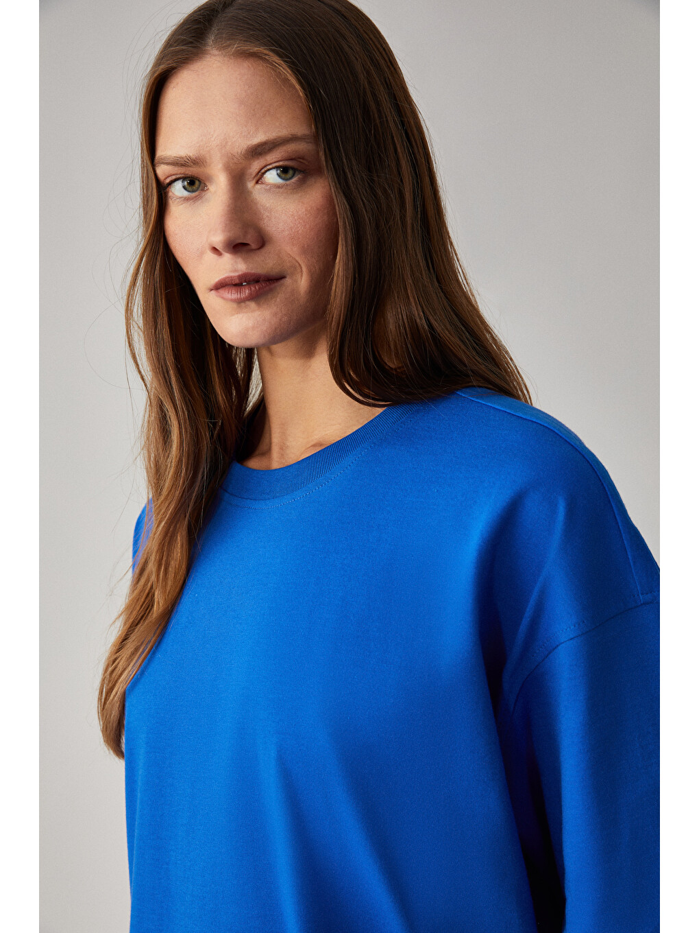 Mavi LAGERTHA Kadın %100 organik Pamuklu Kalın Dokulu Oversize Fit Yuvarlak Yakalı MAVİ T-Shirt-3