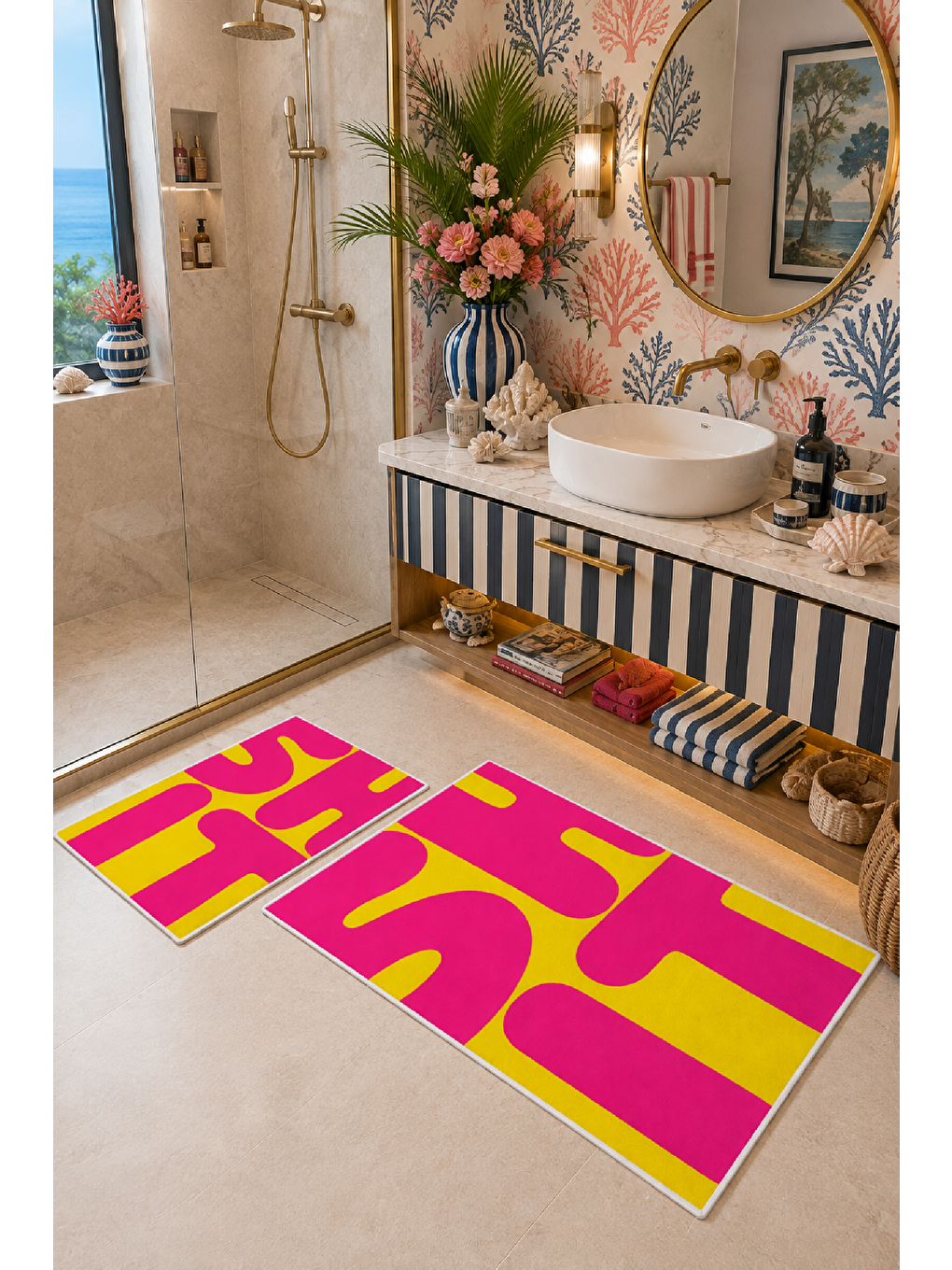 Neon Fuşya Sarı Soyut Tipografik Banyo Paspası 2’li Set