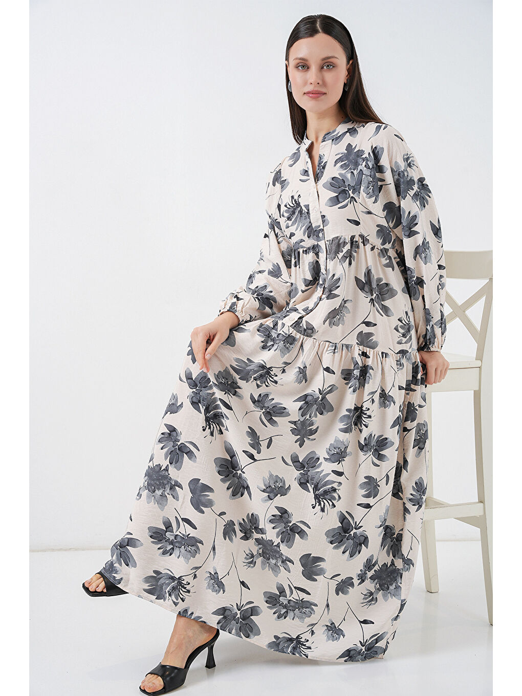 Kadın Lilyum Kumaş Uzun Tesettür Elbise 2593 - Gri-1