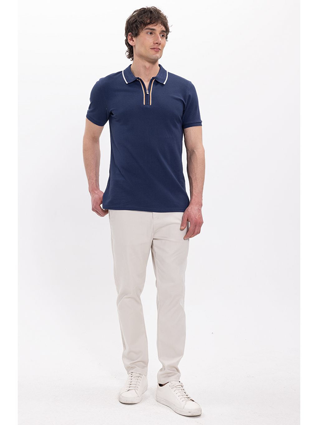 Erkek Slim Fit Dar Kesim %100 Pamuk Kısa Kollu Yarım Fermuarlı Lacivert Polo Yaka Tişört-1